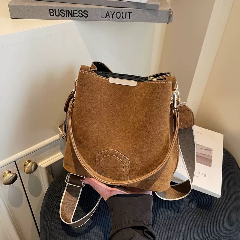 Suede leather bucket bag
