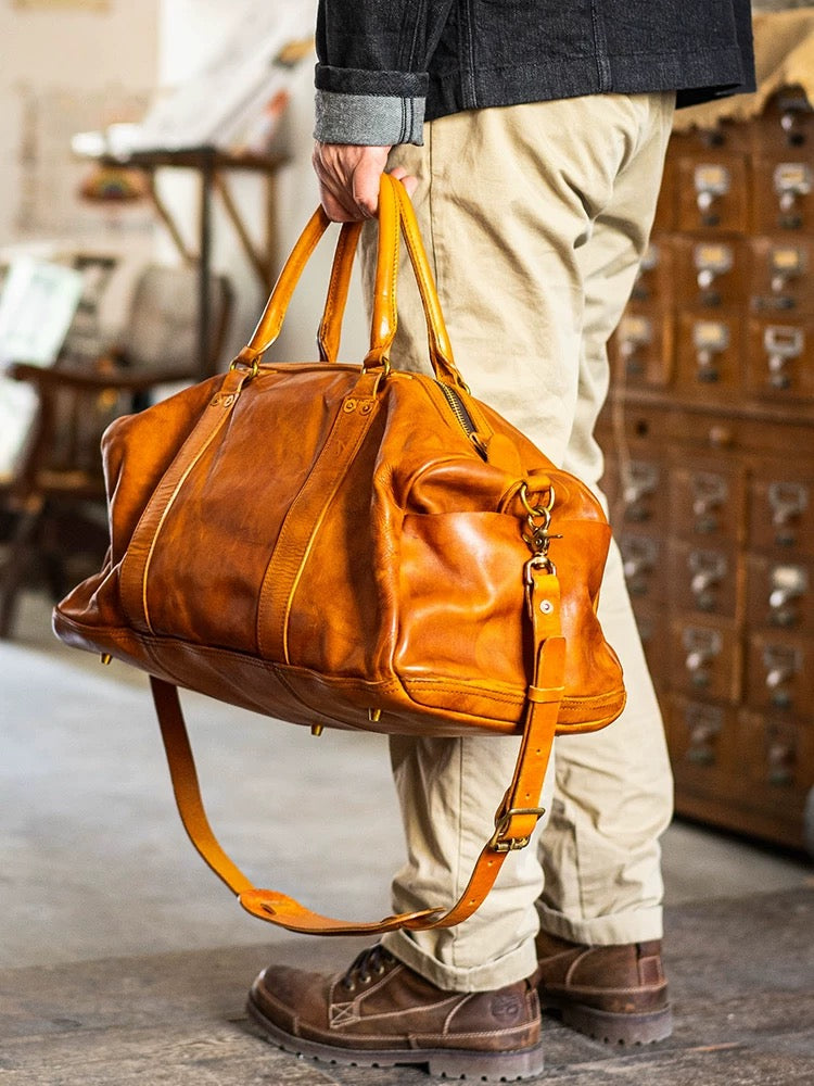 Vintage style shiny leather duffle bag