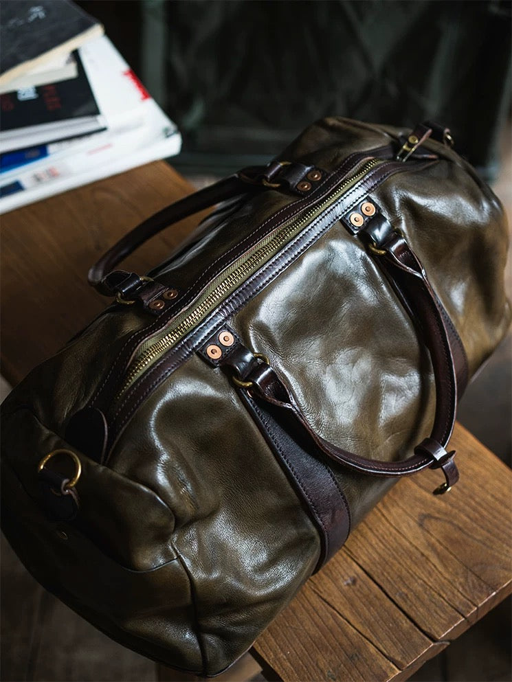 Vintage style shiny leather duffle bag