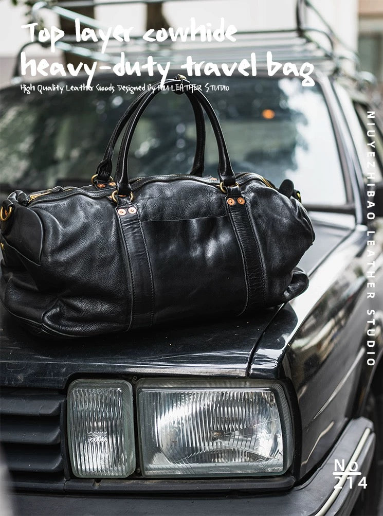 Vintage style shiny leather duffle bag